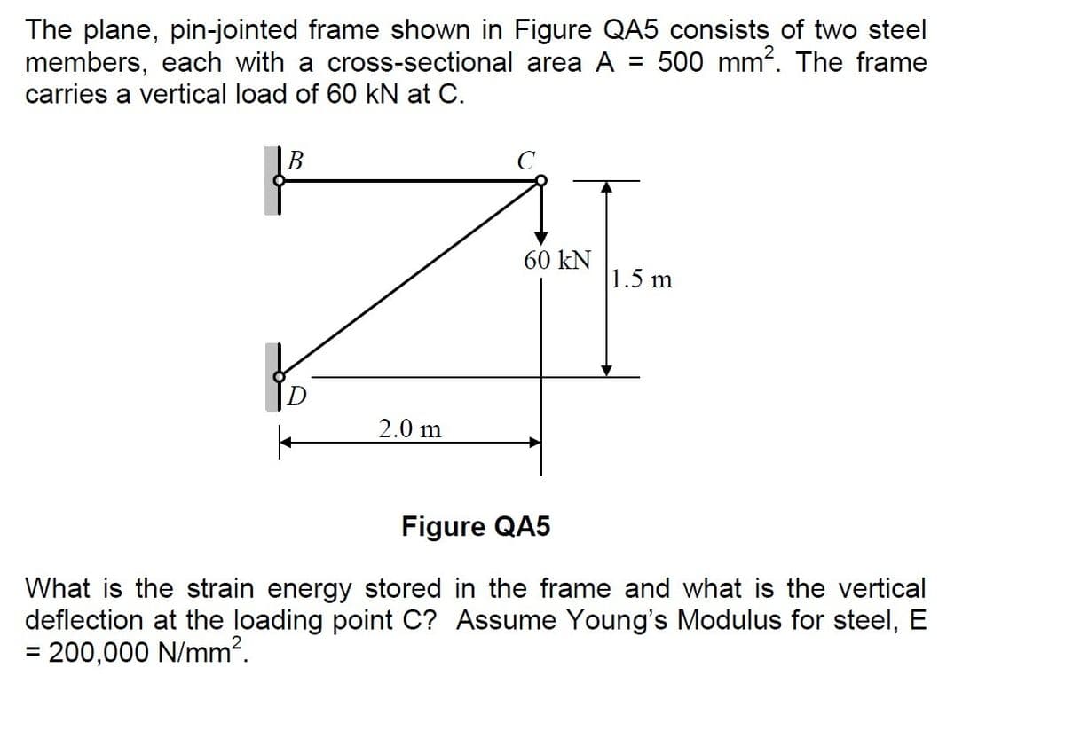 The plane, pin-jointed frame shown in Figure QA5 consists of two steel
members, each with a cross-sectional area A = 500 mm2. The frame
carries a vertical load of 60 kN at C.
60 kN
1.5 m
2.0 m
Figure QA5
What is the strain energy stored in the frame and what is the vertical
deflection at the loading point C? Assume Young's Modulus for steel, E
= 200,000 N/mm?.
