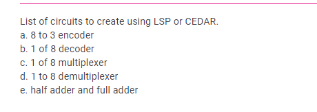 List of circuits to create using LSP or CEDAR.
a. 8 to 3 encoder
b. 1 of 8 decoder
c. 1 of 8 multiplexer
d. 1 to 8 demultiplexer
e. half adder and full adder
