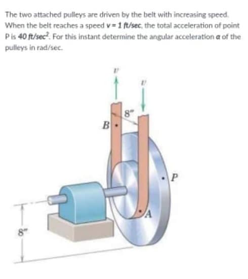 The two attached pulleys are driven by the belt with increasing speed.
When the belt reaches a speed v 1 ft/sec, the total acceleration of point
Pis 40 ft/sec?. For this instant determine the angular acceleration a of the
pulleys in rad/sec.
8"
B
P
8

