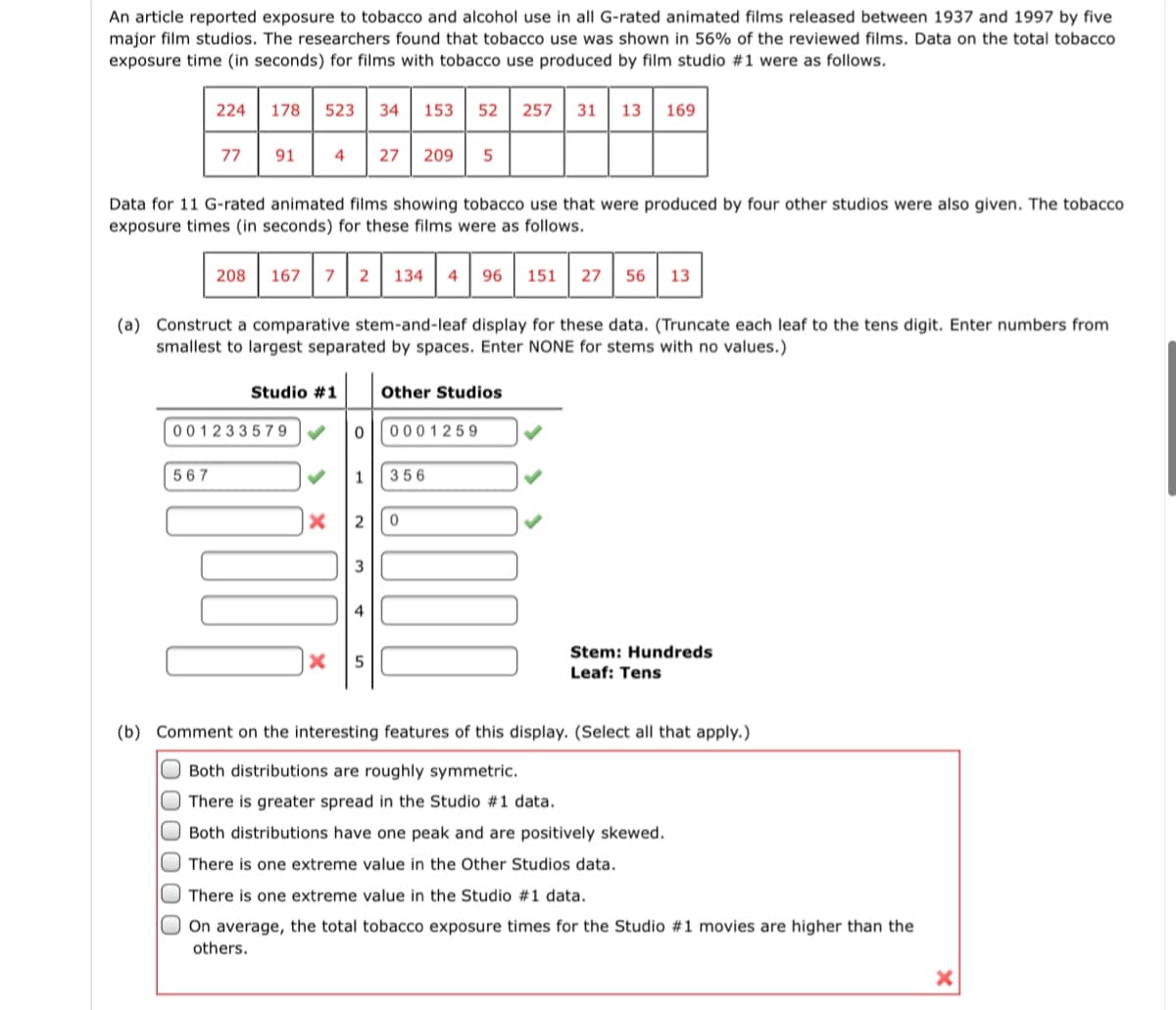 An article reported exposure to tobacco and alcohol use in all G-rated animated films released between 1937 and 1997 by five
major film studios. The researchers found that tobacco use was shown in 56% of the reviewed films. Data on the total tobacco
exposure time (in seconds) for films with tobacco use produced by film studio #1 were as follows.
224
178
523
34
153
52
257
31
13
169
91 4 27
77
209
Data for 11 G-rated animated films showing tobacco use that were produced by four other studios were also given. The tobacco
exposure times (in seconds) for these films were as follows.
208
167
2
134
4
96 151 27
56 13
(a) Construct a comparative stem-and-leaf display for these data. (Truncate each leaf to the tens digit. Enter numbers from
smallest to largest separated by spaces. Enter NONE for stems with no values.)
Studio #1
Other Studios
00123357 9
0001259
567
356
3
Stem: Hundreds
Leaf: Tens
(b) Comment on the interesting features of this display. (Select all that apply.)
O Both distributions are roughly symmetric.
O There is greater spread in the Studio #1 data.
O Both distributions have one peak and are positively skewed.
There is one extreme value in the Other Studios data.
O There is one extreme value in the Studio #1 data.
O On average, the total tobacco exposure times for the Studio #1 movies are higher than the
others.
