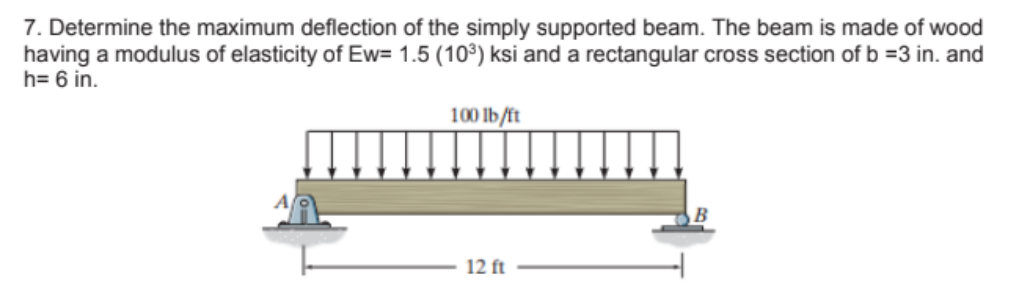 7. Determine the maximum deflection of the simply supported beam. The beam is made of wood
having a modulus of elasticity of Ew= 1.5 (10³) ksi and a rectangular cross section of b =3 in. and
h= 6 in.
100 lb/ft
12 ft

