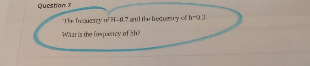Question 7
The frequency of H=0.7 and the frequency of h=0.3.
What is the frequency of hh?
