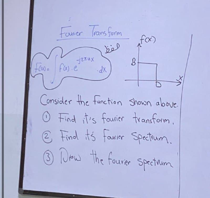 Fourier Transform
-j2tux
Fu= fax) e
حفظ
dx
B
f(x)
Consider the function Shown above.
0 Find it's fourier transform.
@ Find it's Fourier Spectrum.
(3) Dow the fourer Spectrum.