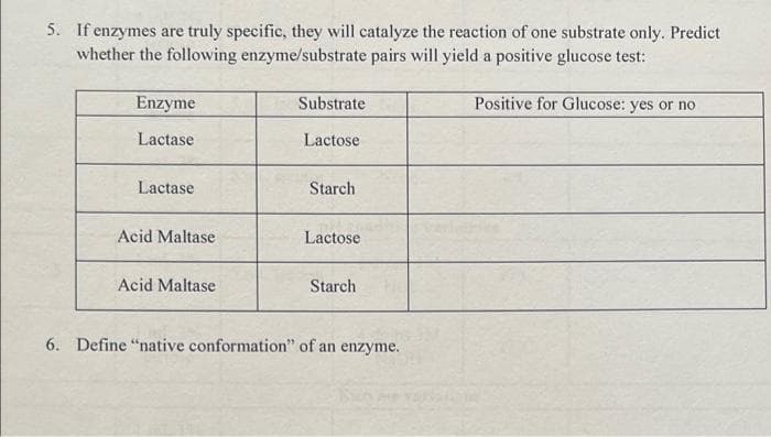 5. If enzymes are truly specifie, they will catalyze the reaction of one substrate only. Predict
whether the following enzyme/substrate pairs will yield a positive glucose test:
Enzyme
Substrate
Positive for Glucose: yes or no
Lactase
Lactose
Lactase
Starch
Acid Maltase
Lactose
Acid Maltase
Starch
6. Define "native conformation" of an enzyme.
