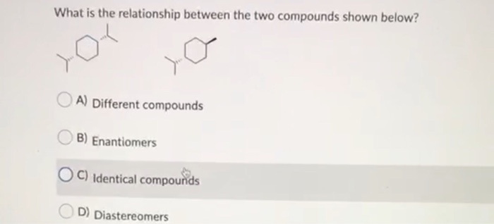 What is the relationship between the two compounds shown below?
A) Different compounds
B) Enantiomers
C) Identical compounds
D) Diastereomers
