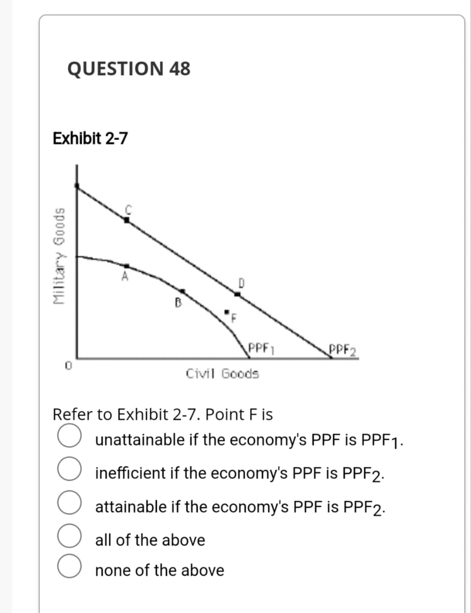 QUESTION 48
Exhibit 2-7
Military Goods
0
B
PPF1
Civil Goods
Refer to Exhibit 2-7. Point F is
PPF2
unattainable if the economy's PPF is PPF1.
inefficient if the economy's PPF is PPF2.
attainable if the economy's PPF is PPF2.
all of the above
none of the above