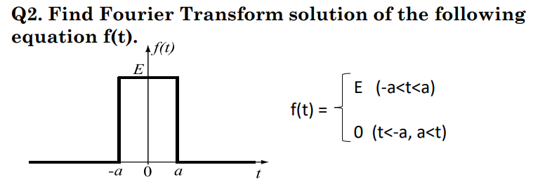 Q2. Find Fourier Transform solution of the following
equation f(t).
4f(t)
E
E (-a<t<a)
f(t) =
[0 (t<-a, a<t)
-a
a
t
