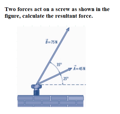 Two forces act on a screw as shown in the
figure, calculate the resultant force.
3=75 N
35
-Ã=45 N
25°
