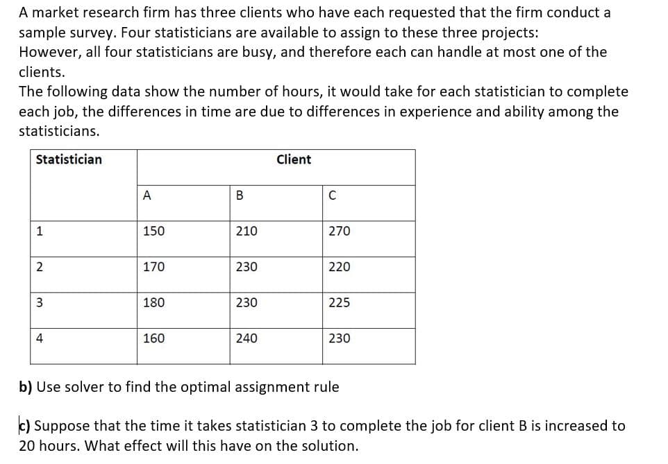 A market research firm has three clients who have each requested that the firm conduct a
sample survey. Four statisticians are available to assign to these three projects:
However, all four statisticians are busy, and therefore each can handle at most one of the
clients.
The following data show the number of hours, it would take for each statistician to complete
each job, the differences in time are due to differences in experience and ability among the
statisticians.
Statistician
Client
A
1
150
210
270
170
230
220
3
180
230
225
4
160
240
230
b) Use solver to find the optimal assignment rule
c) Suppose that the time it takes statistician 3 to complete the job for client B is increased to
20 hours. What effect will this have on the solution.
