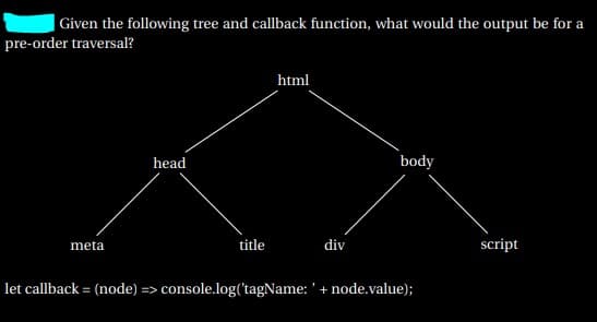 Given the following tree and callback function, what would the output be for a
pre-order traversal?
html
head
body
meta
title
div
script
let callback = (node) => console.log('tagName: ' + node.value);
