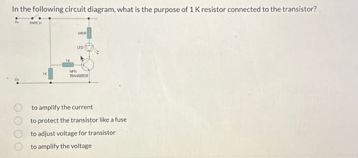 In the following circuit diagram, what is the purpose of 1 K resistor connected to the transistor?
SWITCH
1K
680R
LED
NPN
TRANSISTOR
to amplify the current
to protect the transistor like a fuse
to adjust voltage for transistor
to amplify the voltage