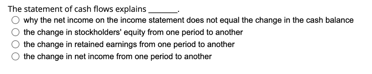 The statement of cash flows explains
why the net income on the income statement does not equal the change in the cash balance
the change in stockholders' equity from one period to another
the change in retained earnings from one period to another
the change in net income from one period to another