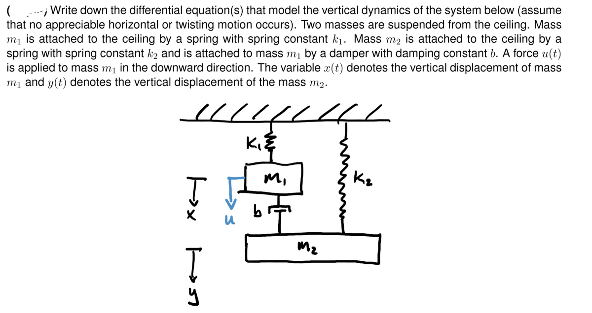 Write down the differential equation(s) that model the vertical dynamics of the system below (assume
(
that no appreciable horizontal or twisting motion occurs). Two masses are suspended from the ceiling. Mass
mị is attached to the ceiling by a spring with spring constant k1. Mass m2 is attached to the ceiling by a
spring with spring constant k2 and is attached to mass m1 by a damper with damping constant b. A force u(t)
is applied to mass m1 in the downward direction. The variable x(t) denotes the vertical displacement of mass
mị and y(t) denotes the vertical displacement of the mass m2.
Ki
M,
Ke
M2
