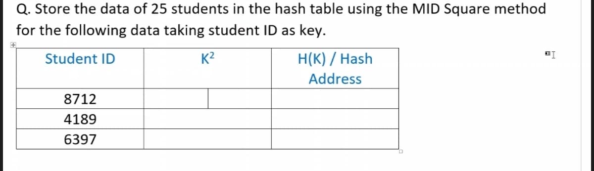 Q. Store the data of 25 students in the hash table using the MID Square method
for the following data taking student ID as key.
Student ID
K2
H(K) / Hash
Address
8712
4189
6397
