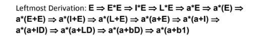 Leftmost Derivation: E = E*E = I*E = L'E = a*E = a*(E) =
a*(E+E) = a*(I+E) = a*(L+E) = a*(a+E) = a*(a+l) =
a*(a+ID) = a*(a+LD) = a*(a+bD) = a*(a+b1)
