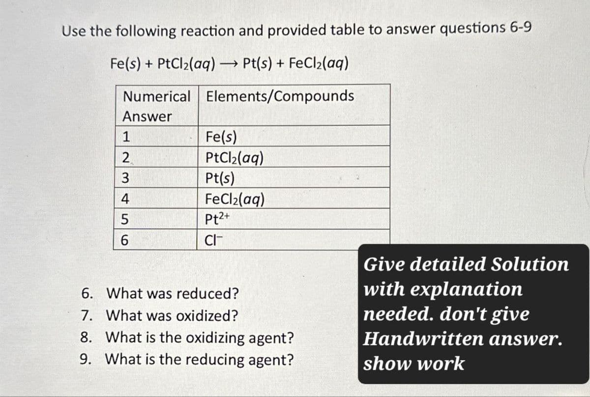 Use the following reaction and provided table to answer questions 6-9
Fe(s)+PtCl2(aq)Pt(s) + FeCl2(aq)
Numerical Elements/Compounds
Answer
1
2
Fe(s)
PtCl2(aq)
3
Pt(s)
4
FeCl2(aq)
5
Pt²+
6
CI-
6. What was reduced?
7. What was oxidized?
8. What is the oxidizing agent?
9. What is the reducing agent?
Give detailed Solution
with explanation
needed. don't give
Handwritten answer.
show work