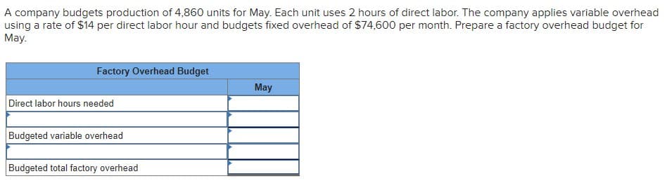 A company budgets production of 4,860 units for May. Each unit uses 2 hours of direct labor. The company applies variable overhead
using a rate of $14 per direct labor hour and budgets fixed overhead of $74,600 per month. Prepare a factory overhead budget for
May.
Factory Overhead Budget
May
Direct labor hours needed
Budgeted variable overhead
Budgeted total factory overhead