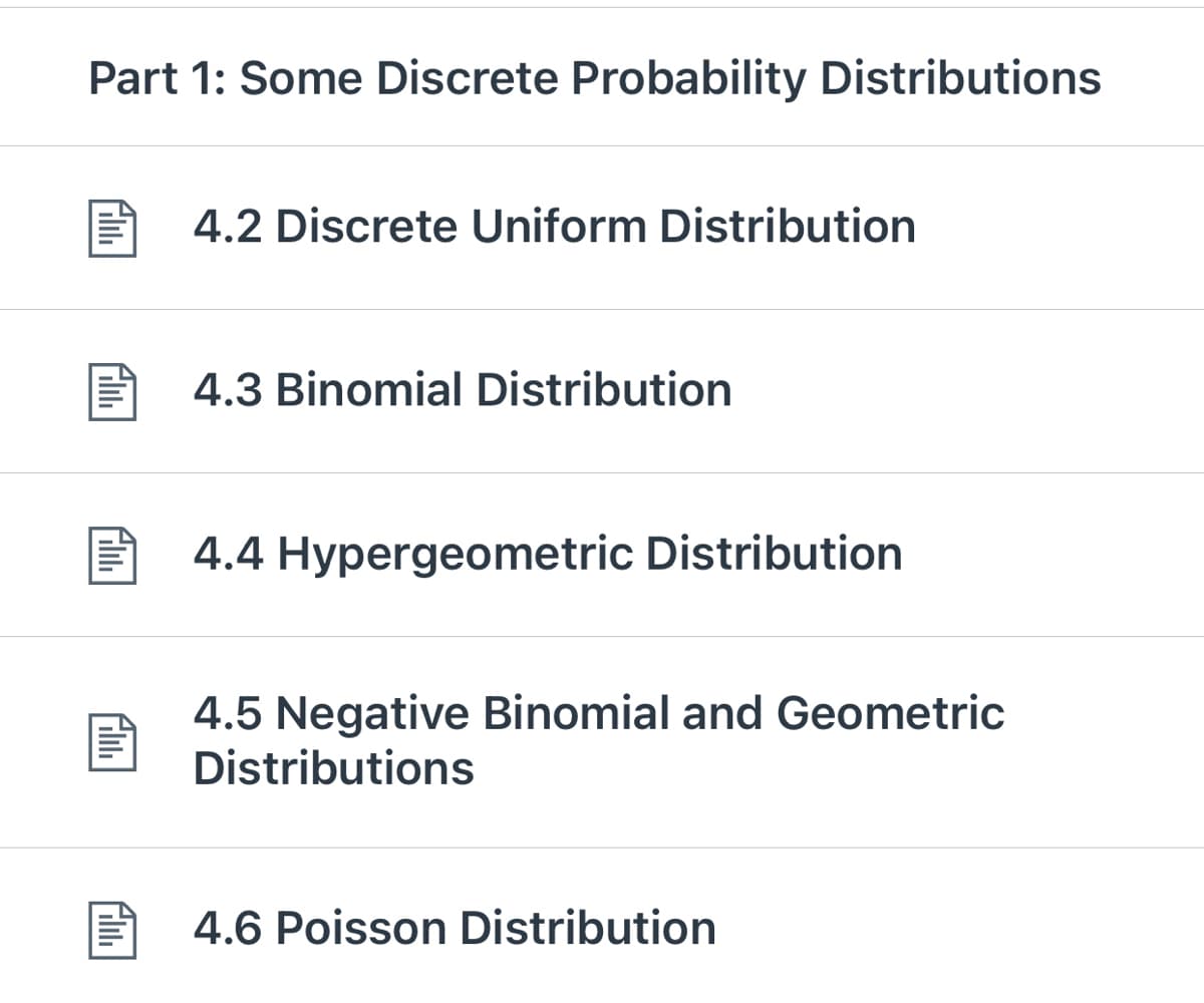Part 1: Some Discrete Probability Distributions
4.2 Discrete Uniform Distribution
4.3 Binomial Distribution
4.4 Hypergeometric Distribution
4.5 Negative Binomial and Geometric
Distributions
4.6 Poisson Distribution
fill
Fili
Alb
ALL