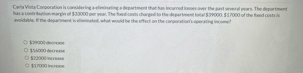 Carla Vista Corporation is considering a eliminating a department that has incurred losses over the past several years. The department
has a contribution margin of $33000 per year. The fixed costs charged to the department total $39000. $17000 of the fixed costs is
avoidable. If the department is eliminated, what would be the effect on the corporation's operating income?
O $39000 decrease
O $16000 decrease
O $22000 increase
O $17000 increase