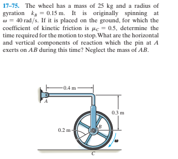 17-75. The wheel has a mass of 25 kg and a radius of
gyration kg = 0.15 m. It is originally spinning at
w = 40 rad/s. If it is placed on the ground, for which the
coefficient of kinetic friction is µc = 0.5, determine the
time required for the motion to stop. What are the horizontal
and vertical components of reaction which the pin at A
exerts on AB during this time? Neglect the mass of AB.
-0.4 m
0.3 m
0.2 m
