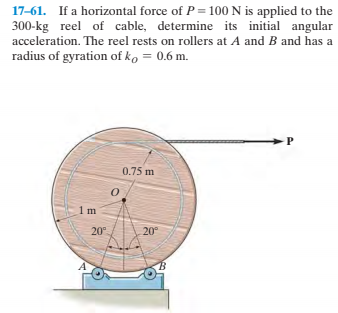 17-61. If a horizontal force of P = 100 N is applied to the
300-kg reel of cable, determine its initial angular
acceleration. The reel rests on rollers at A and B and has a
radius of gyration of ko = 0.6 m.
0.75 m
20°
20°

