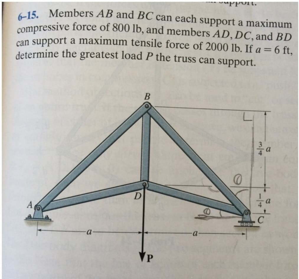6-15. Members AB and BC can each support a maximum
compressive force of 800 lb, and members AD, DC, and BD
can support a maximum tensile force of 2000 lb. If a = 6 ft,
determine the greatest load P the truss can support.
A
a
D
B
support.
VP
0
000
C