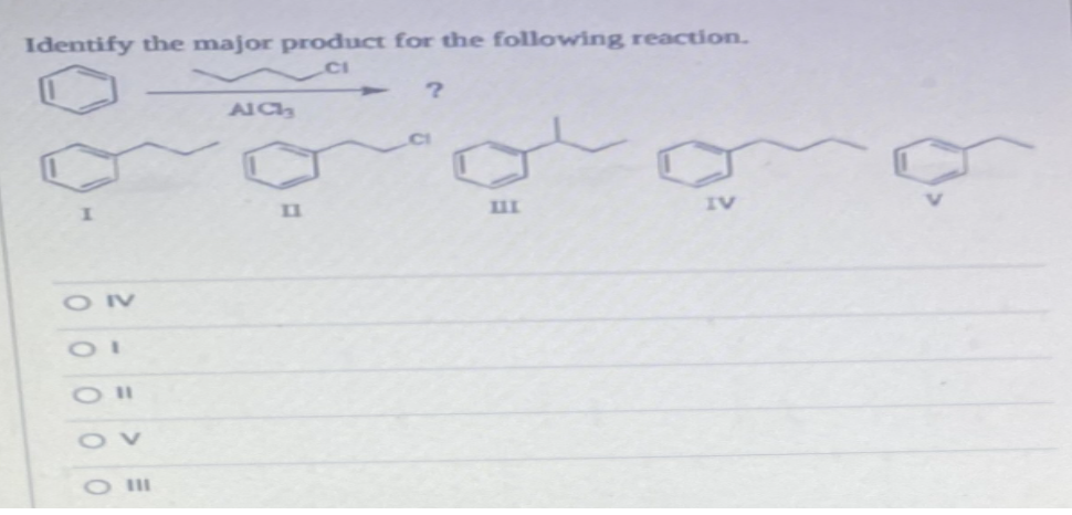 Identify the major product for the following reaction.
CI
I
ооооо
OIV
O II
=>
V
AICI
?
