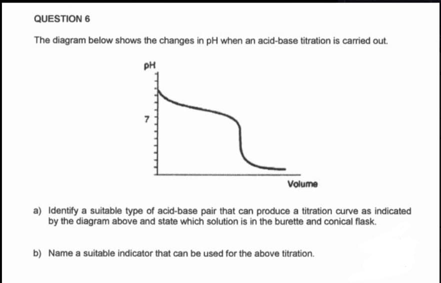 QUESTION 6
The diagram below shows the changes in pH when an acid-base titration is carried out.
PH
Volume
a) Identify a suitable type of acid-base pair that can produce a titration curve as indicated
by the diagram above and state which solution is in the burette and conical flask.
b) Name a suitable indicator that can be used for the above titration.