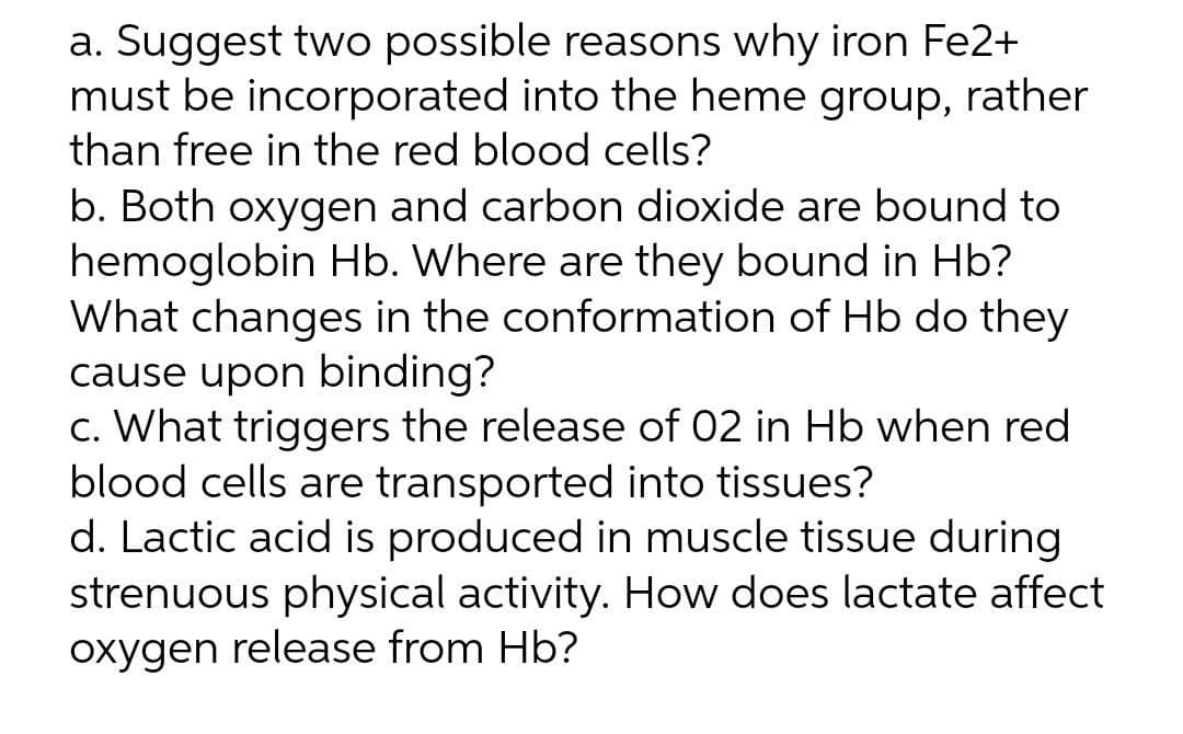 a. Suggest two possible reasons why iron Fe2+
must be incorporated into the heme group, rather
than free in the red blood cells?
b. Both oxygen and carbon dioxide are bound to
hemoglobin Hb. Where are they bound in Hb?
What changes in the conformation of Hb do they
cause upon binding?
c. What triggers the release of 02 in Hb when red
blood cells are transported into tissues?
d. Lactic acid is produced in muscle tissue during
strenuous physical activity. How does lactate affect
oxygen release from Hb?
