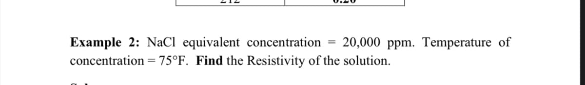 Example 2: NaCl equivalent concentration
20,000 ppm. Temperature of
%3D
concentration
75°F. Find the Resistivity of the solution.
