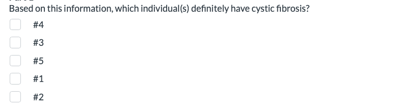 Based on this information, which individual(s) definitely have cystic fibrosis?
# 4
# 3
#5
#1
#2
%23
