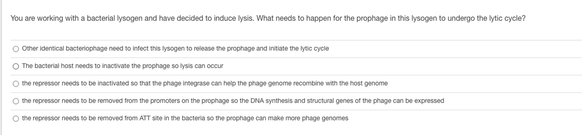 You are working with a bacterial lysogen and have decided to induce lysis. What needs to happen for the prophage in this lysogen to undergo the lytic cycle?
O Other identical bacteriophage need to infect this lysogen to release the prophage and initiate the lytic cycle
O The bacterial host needs to inactivate the prophage so lysis can occur
O the repressor needs to be inactivated so that the phage integrase can help the phage genome recombine with the host genome
O the repressor needs to be removed from the promoters on the prophage so the DNA synthesis and structural genes of the phage can be expressed
O the repressor needs to be removed from ATT site in the bacteria so the prophage can make more phage genomes