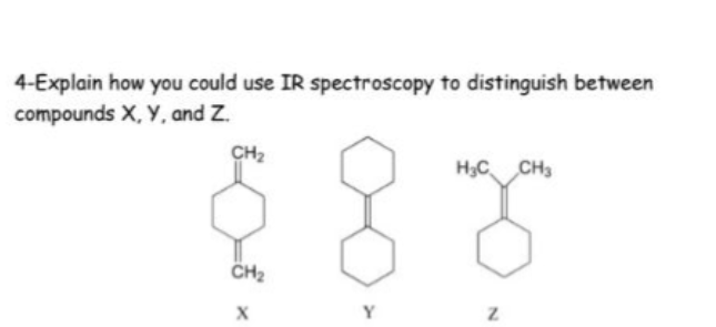 4-Explain how you could use IR spectroscopy to distinguish between
compounds X, Y, and Z.
CH₂
H₂C CH3
888
CH₂
X
Z