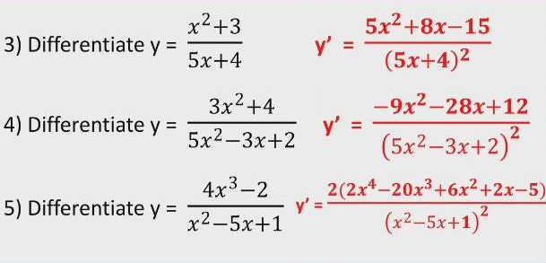 .2
5x2+8х-15
y' =
x+3
3) Differentiate y =
5х+4
(5x+4)2
-9x2-28x+12
y' =
(5x²–3x+2)?
3x2+4
4) Differentiate y% =
5x2-Зх+2
4x3-2
2(2x4-20x3+6x2+2x-5)
5) Differentiate y =
%3D
х2—5х+1
(x²–5x+1)
