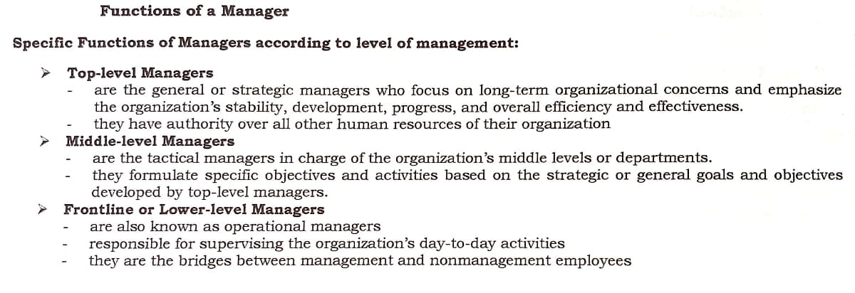 Functions of a Manager
Specific Functions of Managers according to level of management:
➤ Top-level Managers
are the general or strategic managers who focus on long-term organizational concerns and emphasize
the organization's stability, development, progress, and overall efficiency and effectiveness.
they have authority over all other human resources of their organization
Middle-level Managers
are the tactical managers in charge of the organization's middle levels or departments.
they formulate specific objectives and activities based on the strategic or general goals and objectives
developed by top-level managers.
> Frontline or Lower-level Managers
are also known as operational managers
responsible for supervising the organization's day-to-day activities
they are the bridges between management and nonmanagement employees