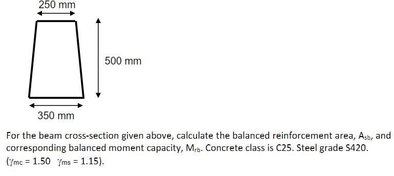 250 mm
500 mm
350 mm
For the beam cross-section given above, calculate the balanced reinforcement area, Aşb, and
corresponding balanced moment capacity, Mrb. Concrete class is C25. Steel grade S420.
(ymc = 1.50 Yms = 1.15).
