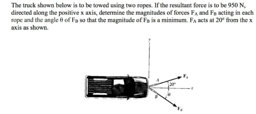 The truck shown below is to be towed using two ropes. If the resultant force is to be 950 N,
directed along the positive x axis, determine the magnitudes of forces FA and FB acting in each
rope and the angle 0 of FB so that the magnitude of FB is a minimum. FA acts at 20° from the x
axis as shown.
FA
A
20
B
