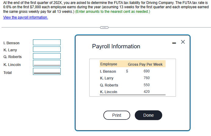 At the end of the first quarter of 202X, you are asked to determine the FUTA tax liability for Driving Company. The FUTA tax rate is
0.6% on the first $7,000 each employee earns during the year (assuming 13 weeks for the first quarter and each employee earned
the same gross weekly pay for all 13 weeks.) (Enter amounts to the nearest cent as needed.)
View the payroll information.
I. Benson
K. Larry
Q. Roberts
K. Lincoln
Total
Payroll Information
Employee
I. Benson
K. Larry
Q. Roberts
K. Lincoln
Print
Gross Pay Per Week
690
760
550
420
Done
X