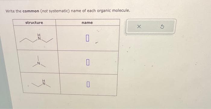 Write the common (not systematic) name of each organic molecule.
structure
__Ń
N
name
0
0
0
X
5