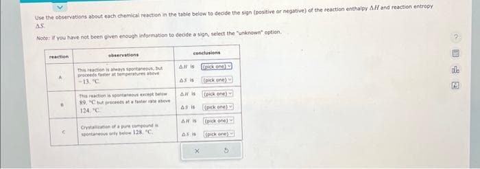 Use the observations about each chemical reaction in the table below to decide the sign (positive or negative) of the reaction enthalpy AH and reaction entropy
AS.
Note: if you have not been given enough information to decide a sign, select the "unknown" option.
reaction
B
C
observations
This reaction is always spontaneous, but
proceeds faster at temperatures above
-13. "C
This reaction is spontaneous except below
89. "C but proceeds at a faster rate above
124. "C
Crystalization of a pure compounds
spontaneous only below 128, "C
conclusions
(pick one)
(pick one)
(pick one)
(pick one)
(pick
(pick one)
one)
All is
As is
AN is
As is
AN IS
Al is
x
E