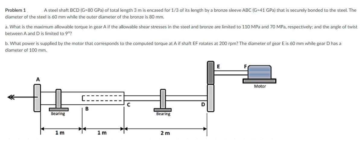 Problem 1
A steel shaft BCD (G=80 GPa) of total length 3 m is encased for 1/3 of its length by a bronze sleeve ABC (G=41 GPa) that is securely bonded to the steel. The
diameter of the steel is 60 mm while the outer diameter of the bronze is 80 mm.
a. What is the maximum allowable torque in gear A if the allowable shear stresses in the steel and bronze are limited to 110 MPa and 70 MPa, respectively; and the angle of twist
between A and D is limited to 9°?
b. What power is supplied by the motor that corresponds to the computed torque at A if shaft EF rotates at 200 rpm? The diameter of gear E is 60 mm while gear D has a
diameter of 100 mm.
A
Motor
Bearing
Bearing
1 m
1m
2 m
