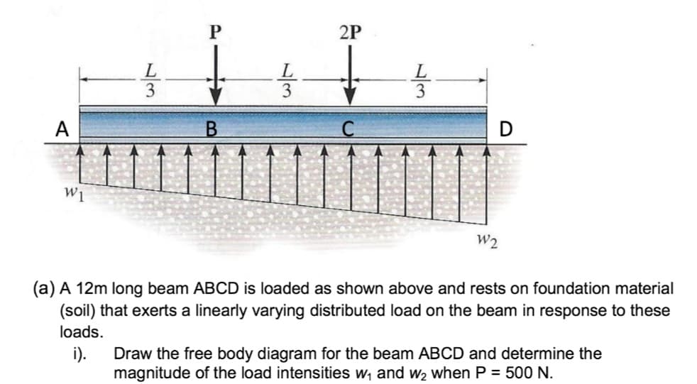 A
W1
13
L
P
B
13
L
2P
L
3
D
W2
(a) A 12m long beam ABCD is loaded as shown above and rests on foundation material
(soil) that exerts a linearly varying distributed load on the beam in response to these
loads.
i).
Draw the free body diagram for the beam ABCD and determine the
magnitude of the load intensities w₁ and w₂ when P = 500 N.