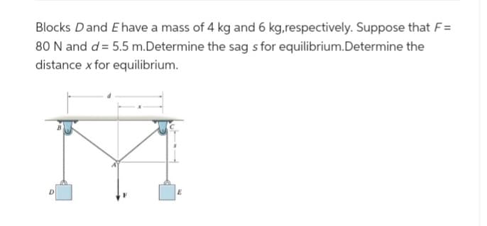 Blocks D and E have a mass of 4 kg and 6 kg,respectively. Suppose that F=
80 N and d = 5.5 m.Determine the sag s for equilibrium. Determine the
distance x for equilibrium.
E