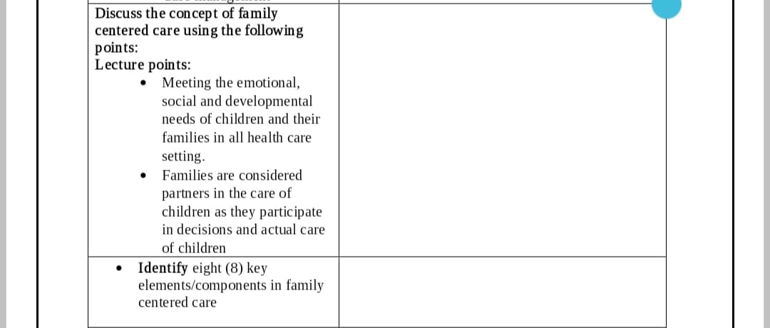 Discuss the con cept of family
centered care using the following
points:
Lecture points:
Meeting the emotional,
social and developmental
needs of children and their
families in all health care
setting.
Families are considered
partners in the care of
children as they participate
in decisions and actual care
of children
• Identify eight (8) key
elements/components in family
centered care
