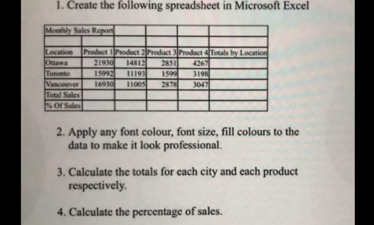 1. Create the following spreadsheet in Microsoft Excel
Monthly Sales Report
Location Product 1 Product 2 Product 3 Product 4 Totals by Location
Ottawa
Toronto
Vancouver
Total Sales
% Of Sales
21930 14812 2851 4267
15992 11193
3198
1599
16930 11005 2878
3047
2. Apply any font colour, font size, fill colours to the
data to make it look professional.
3. Calculate the totals for each city and each product
respectively.
4. Calculate the percentage of sales.