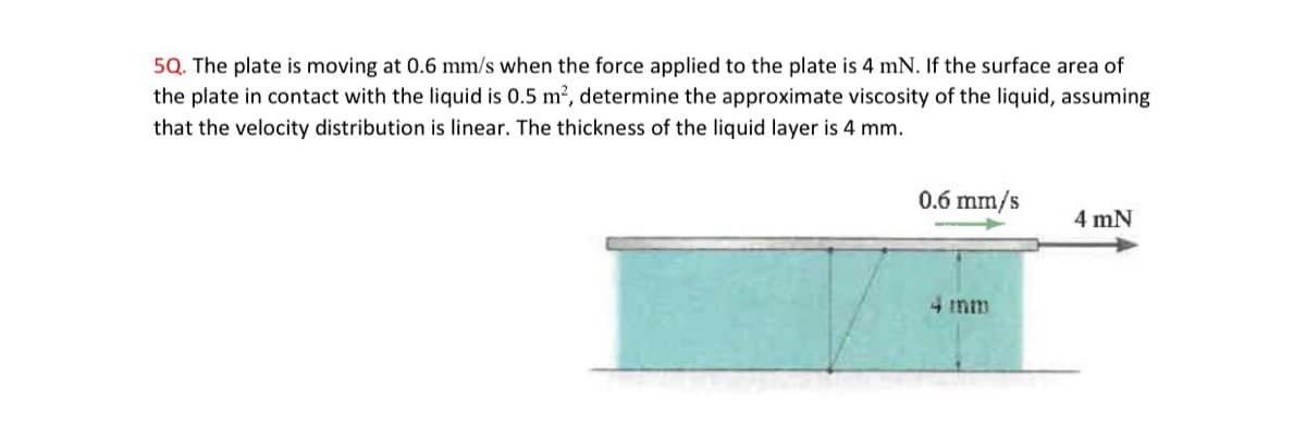 5Q. The plate is moving at 0.6 mm/s when the force applied to the plate is 4 mN. If the surface area of
the plate in contact with the liquid is 0.5 m², determine the approximate viscosity of the liquid, assuming
that the velocity distribution is linear. The thickness of the liquid layer is 4 mm.
0.6 mm/s
4 mm
4 mN
