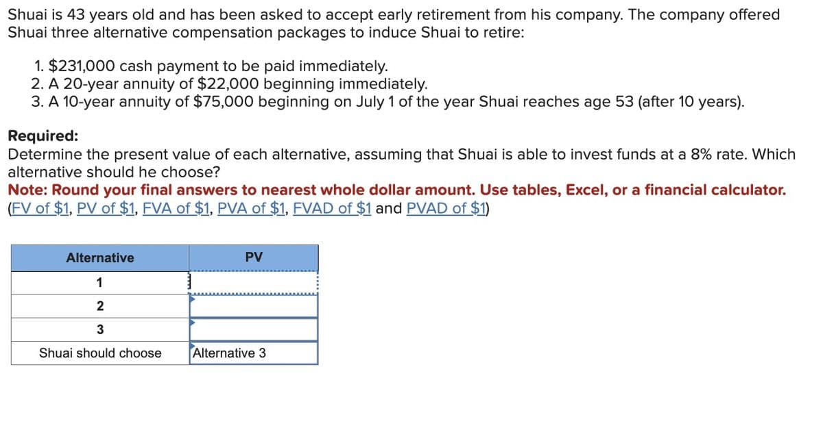 Shuai is 43 years old and has been asked to accept early retirement from his company. The company offered
Shuai three alternative compensation packages to induce Shuai to retire:
1. $231,000 cash payment to be paid immediately.
2. A 20-year annuity of $22,000 beginning immediately.
3. A 10-year annuity of $75,000 beginning on July 1 of the year Shuai reaches age 53 (after 10 years).
Required:
Determine the present value of each alternative, assuming that Shuai is able to invest funds at a 8% rate. Which
alternative should he choose?
Note: Round your final answers to nearest whole dollar amount. Use tables, Excel, or a financial calculator.
(FV of $1, PV of $1, FVA of $1, PVA of $1, FVAD of $1 and PVAD of $1)
PV
Alternative
1
2
3
Shuai should choose Alternative 3