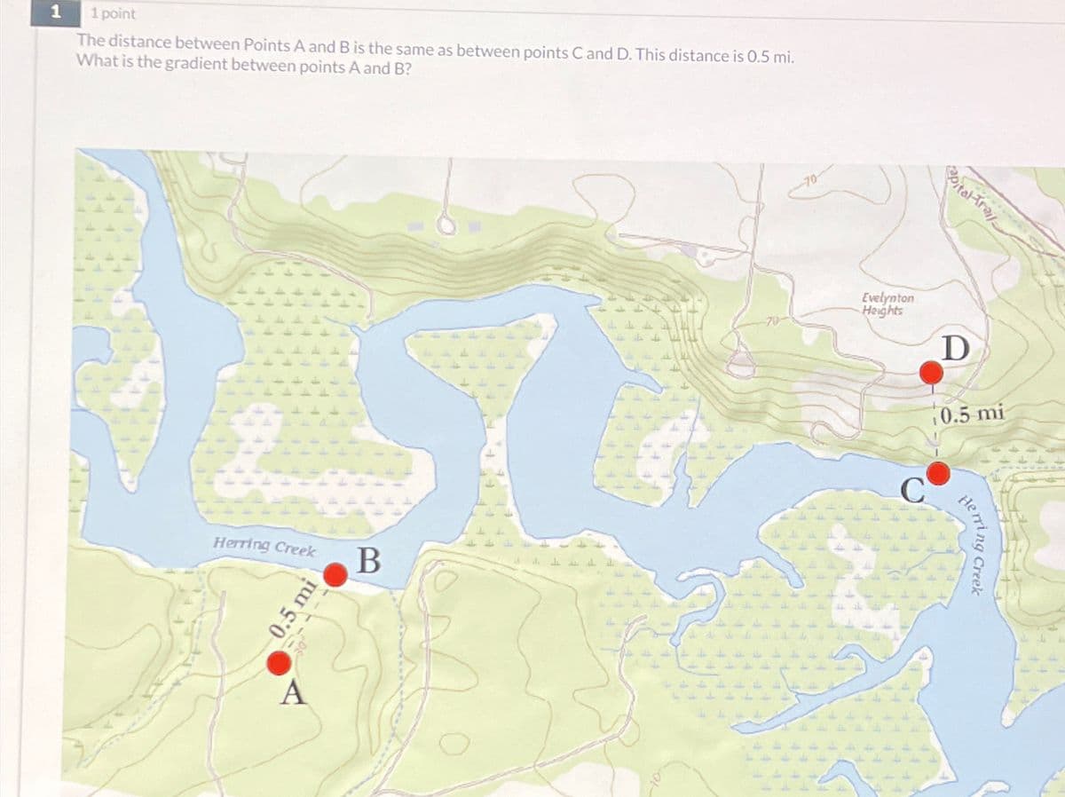 1
1 point
The distance between Points A and B is the same as between points C and D. This distance is 0.5 mi.
What is the gradient between points A and B?
Herring Creek
0.5 mi
A
B
Evelynton
Heights
C
apital-Trail
D
0.5 mi
Herring Creek