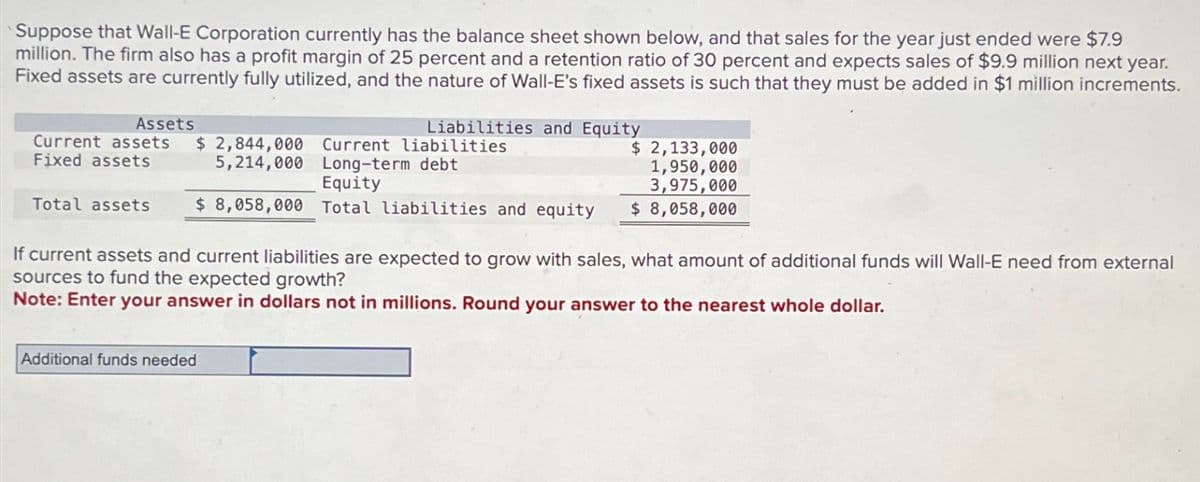 Suppose that Wall-E Corporation currently has the balance sheet shown below, and that sales for the year just ended were $7.9
million. The firm also has a profit margin of 25 percent and a retention ratio of 30 percent and expects sales of $9.9 million next year.
Fixed assets are currently fully utilized, and the nature of Wall-E's fixed assets is such that they must be added in $1 million increments.
Assets
Current assets $ 2,844,000
Fixed assets
Liabilities and Equity
5,214,000
Current liabilities
Long-term debt
Equity
$ 2,133,000
1,950,000
3,975,000
Total assets
$ 8,058,000 Total liabilities and equity
$ 8,058,000
If current assets and current liabilities are expected to grow with sales, what amount of additional funds will Wall-E need from external
sources to fund the expected growth?
Note: Enter your answer in dollars not in millions. Round your answer to the nearest whole dollar.
Additional funds needed