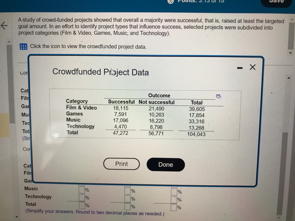 K
A study of crowd-funded projects showed that overall a majority were successful, that is, raised at least the targeted
goal amount. In an effort to identify project types that influence success, selected projects were subdivided into
project categories (Film & Video, Games, Music, and Technology).
Click the icon to view the crowdfunded project data.
Con
Cat
Film
Gar
Mus
Tec
Tot
(Sin
Cor
Cat
Film
Gar
Music
Crowdfunded Project Data
Category
Film & Video
Ga es
Music
Technology
Total
%
Outcome
Successful Not successful
18,115
7,591
17,096
4,470
47,272
%
Print
21,490
10,263
16,220
8,798
56,771
%
Technology
%
Total
%
(Simplify your answers. Round to two decimal places as needed.)
Done
%
%
%
Total
39,605
17,854
33,316
13,268
104,043
n
-
X